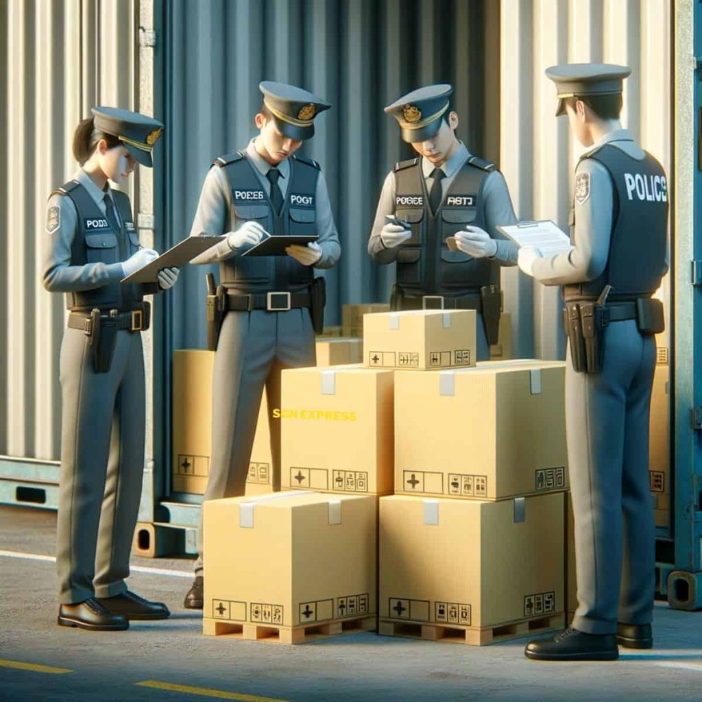 Nhân viên hải quan đang kiểm tra một container chứa đầy hộp hàng